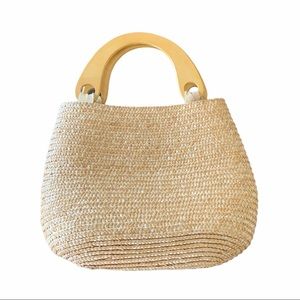 Vintage wooden handle straw handbag